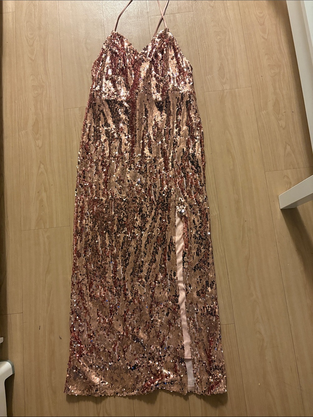 Sequin Maxi Skirt with Side Slit - Rose Gold